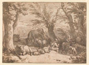 Landscape with Shepherd and Shepherdess and Cattle by Adriaen van de Velde