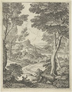 Landscape with pointed tower (series title: Landscapes with shepherds) by Adriaen van der Kabel