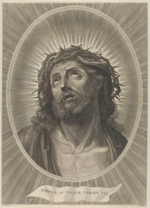 Head of Christ looking up with crown of thorns, in an oval frame, after Reni