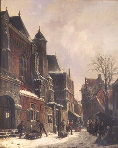 A Dutch Street Scene with Figures by a Church by Adrianus Eversen
