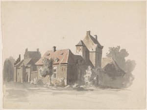 View of a Group of Houses with City Gate by Adrianus Eversen