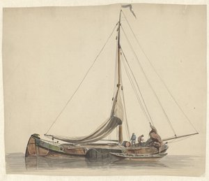 Two Men Working on a Flatboat with Lowered Sails by Adrianus Eversen