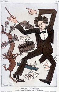 Cartoon of Arthur Honegger Prince of the Fauves of Music, Swiss composer (1892-1955) - by Barrère, in Fantasio from 01/01/1930 by Adrien Barrere