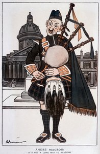 Cartoon in Academician by André Maurois (pseudonym of Emile Herzog), French novelist, essayist and historian (1885-1967) - by Barrère, in Fantasio of 15/04/1929 by Adrien Barrere