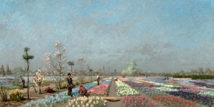 The Hyacinth Fields in Bloom at the Van Houtte Nursery, Ghent with a View of Saint Nicholas