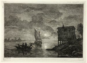 Moonlit Harbor Scene with Ferry by Adrien Manglard