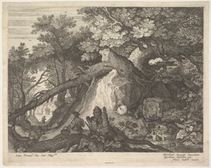 A Man Holding a Staff and Seated on a Tree Trunk, with Two Goats to Either Side