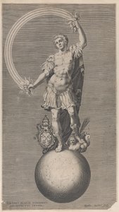 Allegorical figure of a warrior standing on a globe with the papal coat of arms, ca. 1588-1629