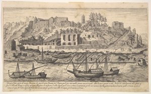 Plate 21: view from the west of ruins of the Aventine Hill, Rome, with boats on the river