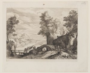 Riverscape with a Stone Bridge and a Wooden Bridge by Aegidius Sadeler II