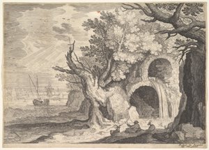Ruined aqueduct with water spilling from it to a stream below, ships at sea beyond, ca. 1600