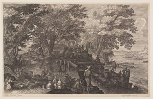 Scene One: Watermill on an Island in a River with Men Fishing, from Eight Scenes from Bohemia by Aegidius Sadeler II