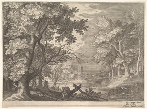 Woodland Scene with Marshy Banks, Two Men and a Dog in Profile at Left, Two Long-necked Birds