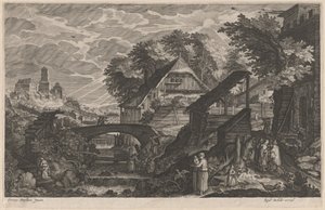 Farm Houses by a River with a City Beyond by Aegidius Sadeler II after Pieter Stevens