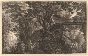 Forest Landscape with Two Men and a Woman Resting near a Bridge by Aegidius Sadeler II after Pieter Stevens