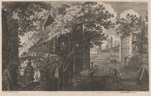 Gondolas on a River by a Palace by Aegidius Sadeler II after Pieter Stevens