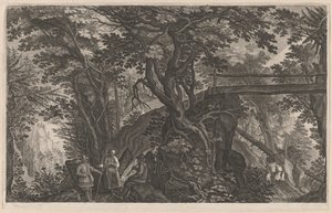 Travelers Resting in a Mountain Forest by a Log Bridge by Aegidius Sadeler II after Pieter Stevens
