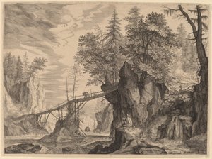 Draughtsman on a Stone before a Bridge by Aegidius Sadeler II after Roelandt Savery