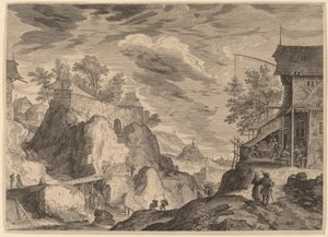 Landscape with an Inn to the Right and House on Rocks to the Left by Aegidius Sadeler II after Roelandt Savery