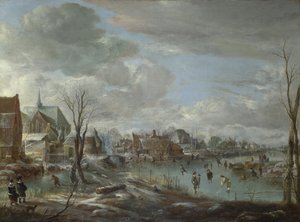 A Frozen River near a Village, with Golfers and Skaters by Aert van der Neer