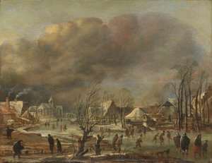 Snowfall on a Village beside a Frozen Canal by Aert van der Neer