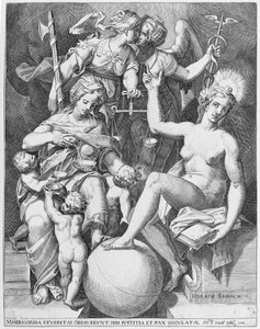 Allegory of the Psalm of David, Misericordia seated to the left feeding four children by After Agostino Carracci.