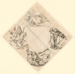 Design for a Quatrefoil with a Castle, Two Lovers, a Maiden Tempted by a Fool, a Couple Seated by a Trough, and a Knight and His Lover Mounted on a Horse by After The Master of the Housebook