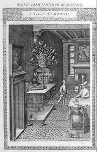 Fountain with Fake Birds Singing. Project by Agostino Ramelli, from “Diverse and Artificiosis Machine”. Milan 1600 by Agostino (after) Ramelli