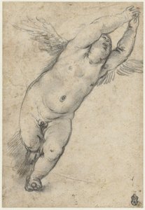 Flying Putto with Raised Arms by Agostino Carracci (attributed to)