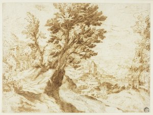 Hilly Landscape with Town in Distance by Agostino Carracci