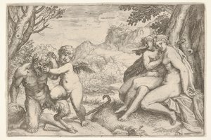Love Conquers All, in a struggle with a satyr Amor places his right kn... by Agostino Carracci