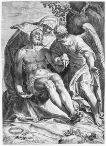 Pieta, Christ supported by the Virgin and an angel at the right by Agostino Carracci