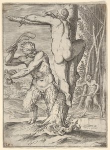 Satyr Whipping a Nymph, Bound to a Tree by Agostino Carracci