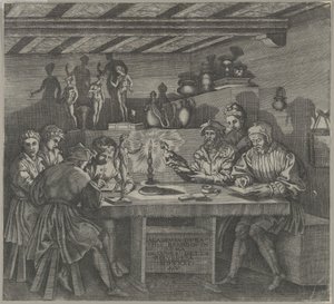 Baccio Bandinelli in His Studio Holding a Statuette of Venus, Students Sketching by Agostino Veneziano