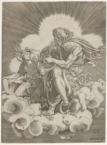 St. Matthew, Seated on a Cloud and Dipping a Quill into an Inkwell Held by an Angel..., ca. 1518-20