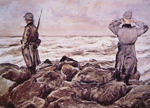 Two Germans on the coast of France look towards England on the eve of the Normandy campaign