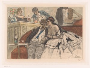 Man and Woman Sitting on a Red Couch by the Bar of a Theater by Albert Bertrand (attributed to)