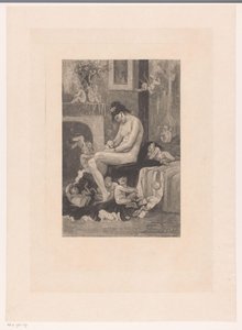 Naked woman on the edge of a bed surrounded by playing demons by Albert Bertrand (attributed to)