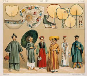 Clothes of Chinese Women and of the Region of Tartary, Illustration from Complete Costume History by Auguste Racinet