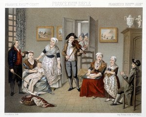 Musicians playing their instruments for a family inside a house. Illustration in 