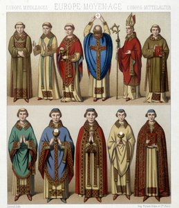 Religious costumes in Europe in the Middle Ages. Illustration in Le costume historique by Racinet