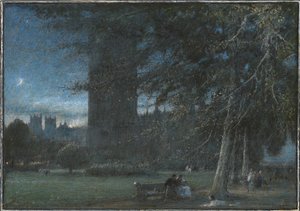 Figures Beneath the Palace of Westminster at Dusk by Albert Goodwin
