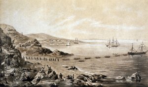 Installation of the first transatlantic telegraphic cable between Ireland and Canada (1857) engraving by Albert Kruger c.1870 by Albert Kruger