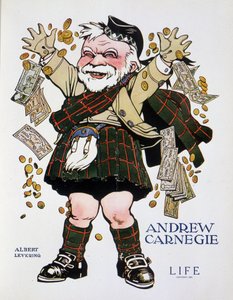 Charge portrait of Andrew Carnegie in plaid suit and throwing money - by Albert Levering, in 