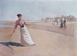 Amateur tennis match on the beach - drawing by Lynch, 20th century