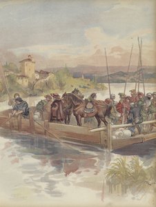Bourbon Fleeing, Nearly Recognized by Soldiers at a Ferry Crossing by Albert Robida