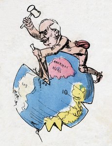 Ferdinand de Lesseps (1805-1894), French diplomat and administrator, sculptor and decorator of continents. Caricature by Robida by Albert Robida