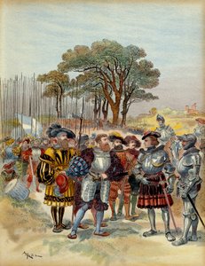 Fifth Italian War: at the camp retreated from the Bicocca in front of Milan, in 1516, the Swiss demanded pay, conge or battle, Odet de Foix, Viscount de Lautrec, marechal of France could not pay them. Illustration by Albert Robida