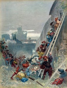 Seventh Italian War: Death of Charles III of Bourbon at the siege of Rome on 6 May 1527. Illustration by Albert Robida
