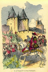 The king of France Francois 1st arriving on horseback in front of the Cite de Carcassonne, Porte Narbonnaise. Illustration by Albert Robida: frontispiece of the book “Le tresor de Carcassonne” first edition H. Laurens 1921 by Albert Robida